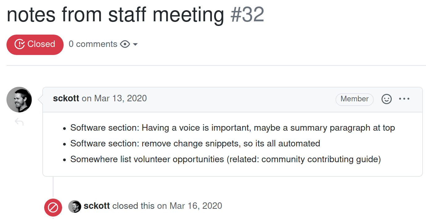 Screenshot from Scott Chamberlain sharing notes from a (private) staff meeting on the public repository at https://github.com/ropensci/biweekly/issues/32