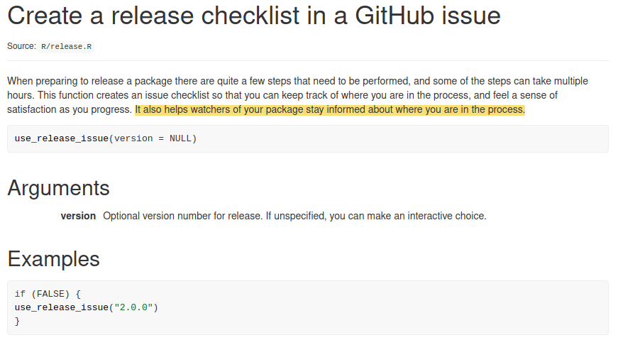Screenshot from `usethis::use_release_issue()` documentation. The sentence `"It also helps watchers of your package stay informed about where you are in the process." is highlighted.
